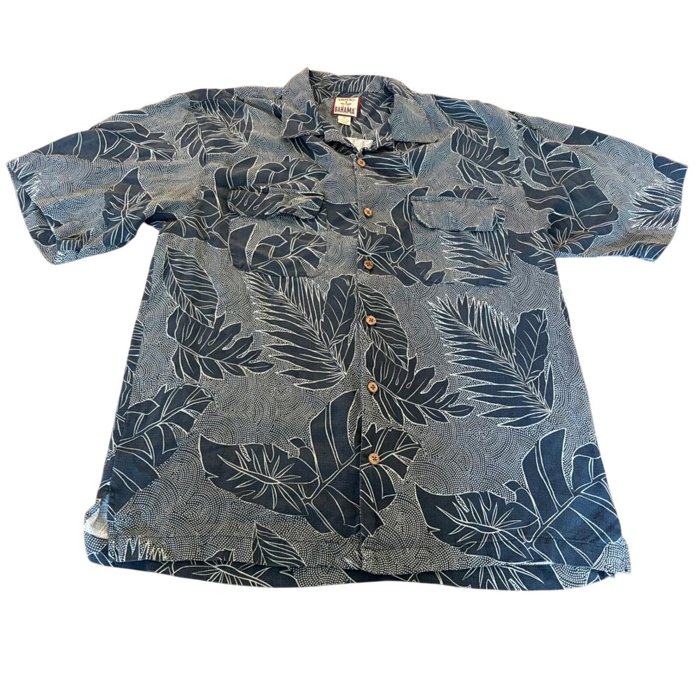 Vintage Tommy Bahama Men Medium Blue 100%Silk Tropical Leaf Print Hawaiian shirt